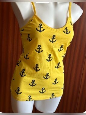 New Primp Yellow tank top with black anchor print & rhinestonedetails s M Cotton